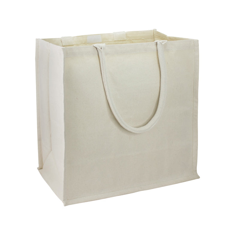 Bolsa de canvas de algodón natural de 10 onzas con cierre de velcro interior y manillas reforzadas. Personalizada con logo para empresas y eventos.