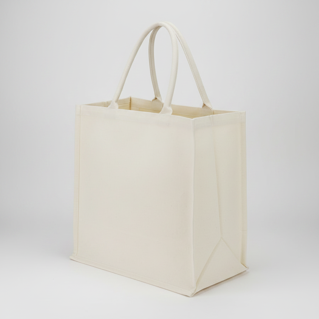 Bolsa de canvas de algodón natural de 10 onzas con cierre de velcro interior y manillas reforzadas. Personalizada con logo para empresas y eventos.