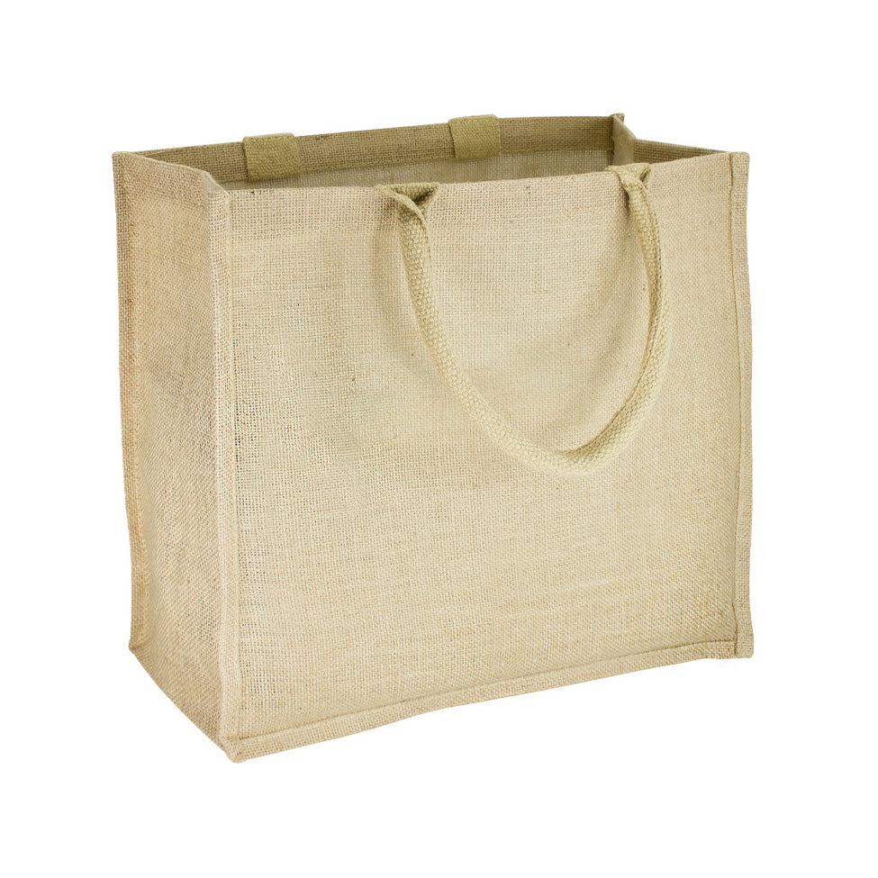 Bolsa ecológica de yute con interior laminado, fuelle resistente y asas de cordón acolchado. Personalizable con logo para empresas y campañas promocionales.
