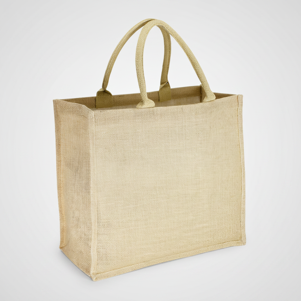 Bolsa ecológica de yute con interior laminado, fuelle resistente y asas de cordón acolchado. Personalizable con logo para empresas y campañas promocionales.