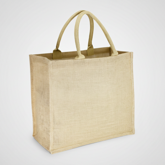 Bolsa ecológica de yute con interior laminado, fuelle resistente y asas de cordón acolchado. Personalizable con logo para empresas y campañas promocionales.