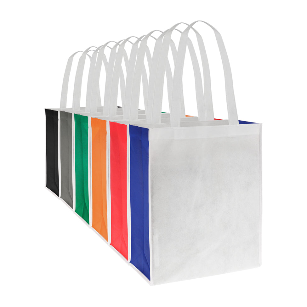 Bolsa reutilizable de TNT bicolor, resistente y liviana. Disponible en varios colores y personalizada con logo para regalos corporativos y promociones.