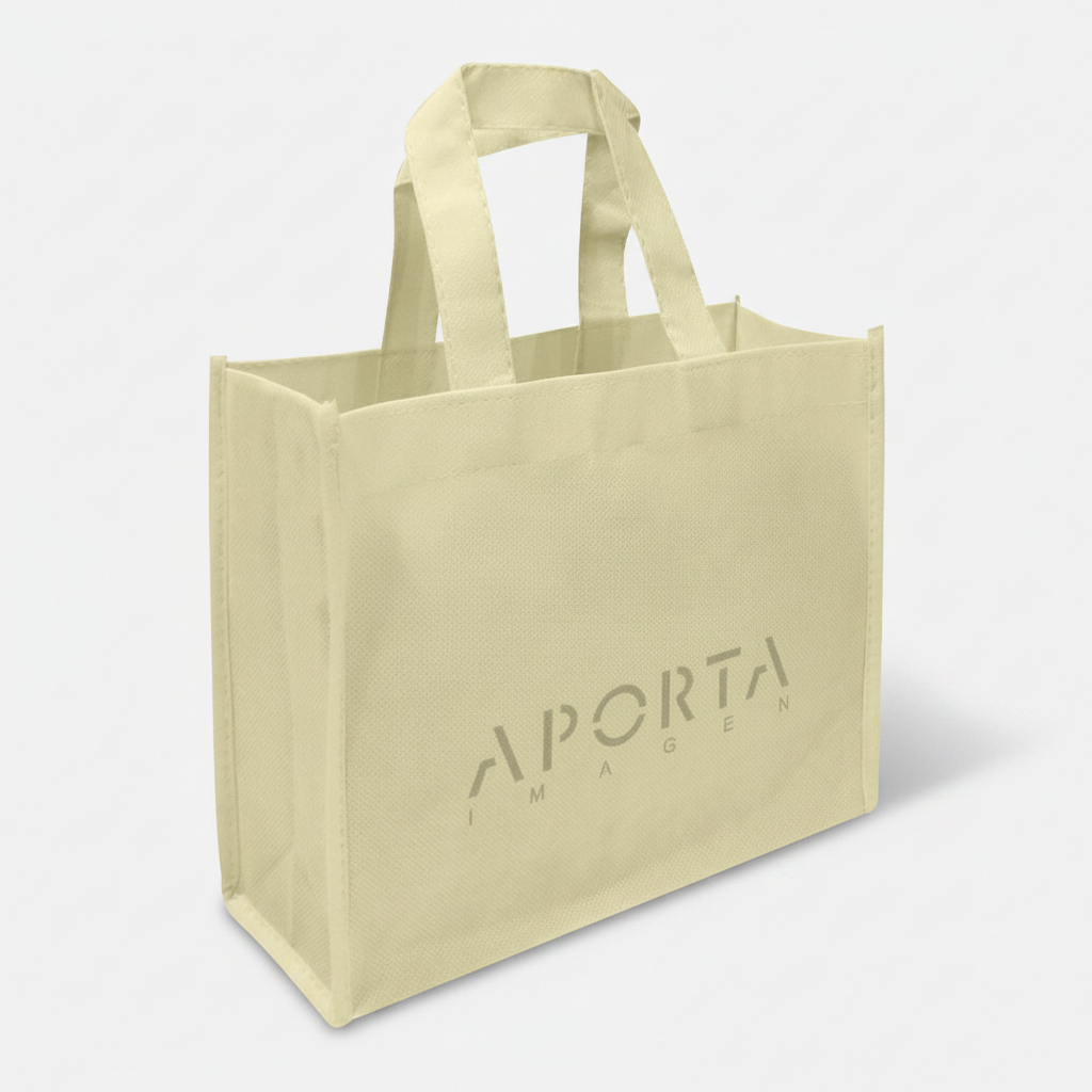 Bolsa reutilizable de tela no tejida (TNT) tamaño 25 x 20 x 8 cm. Compacta, práctica y disponible en varios colores. Personalizable con logo corporativo.