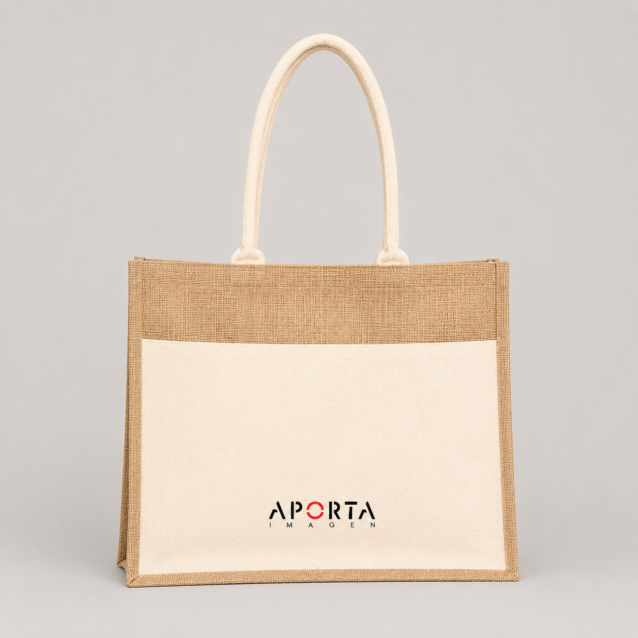 Bolsa de yute laminado con bolsillo frontal de algodón, cierre de velcro y capacidad de 24 litros. Un regalo corporativo ecológico, resistente y personalizable con logo.