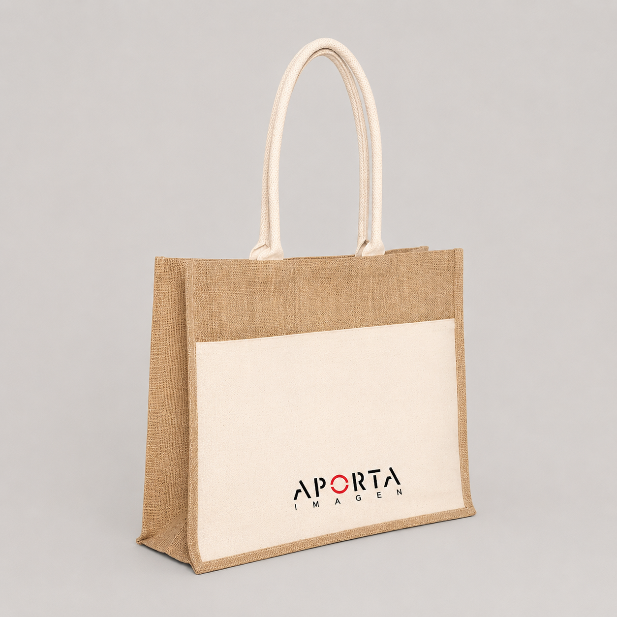 Bolsa de yute laminado con bolsillo frontal de algodón, cierre de velcro y capacidad de 24 litros. Un regalo corporativo ecológico, resistente y personalizable con logo.