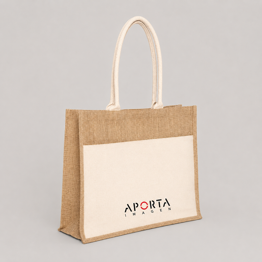 Bolsa de yute laminado con bolsillo frontal de algodón, cierre de velcro y capacidad de 24 litros. Un regalo corporativo ecológico, resistente y personalizable con logo.
