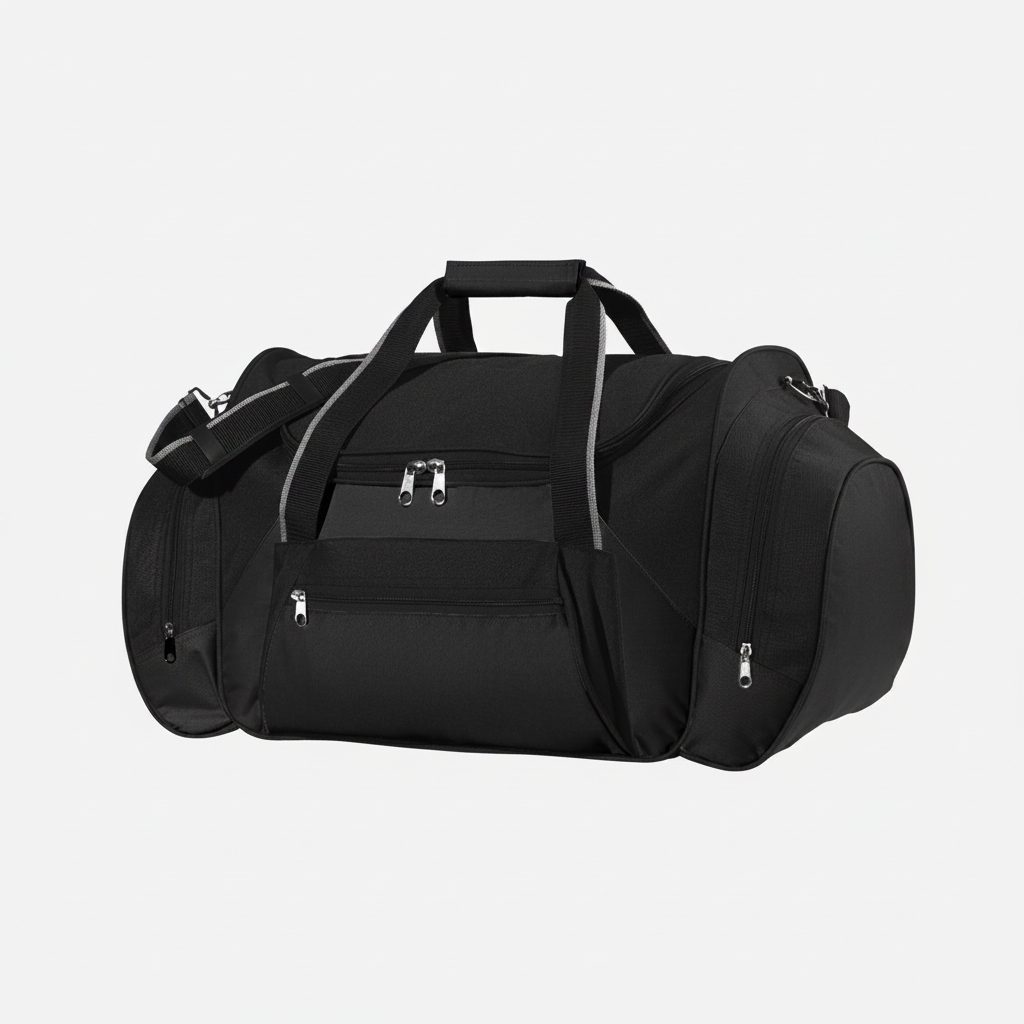 Bolso deportivo corporativo de gran capacidad con compartimentos laterales, herrajes metálicos, correa ajustable y capacidad de 45 litros. Personalizado con logo para merchandising.