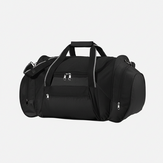 Bolso deportivo corporativo de gran capacidad con compartimentos laterales, herrajes metálicos, correa ajustable y capacidad de 45 litros. Personalizado con logo para merchandising.