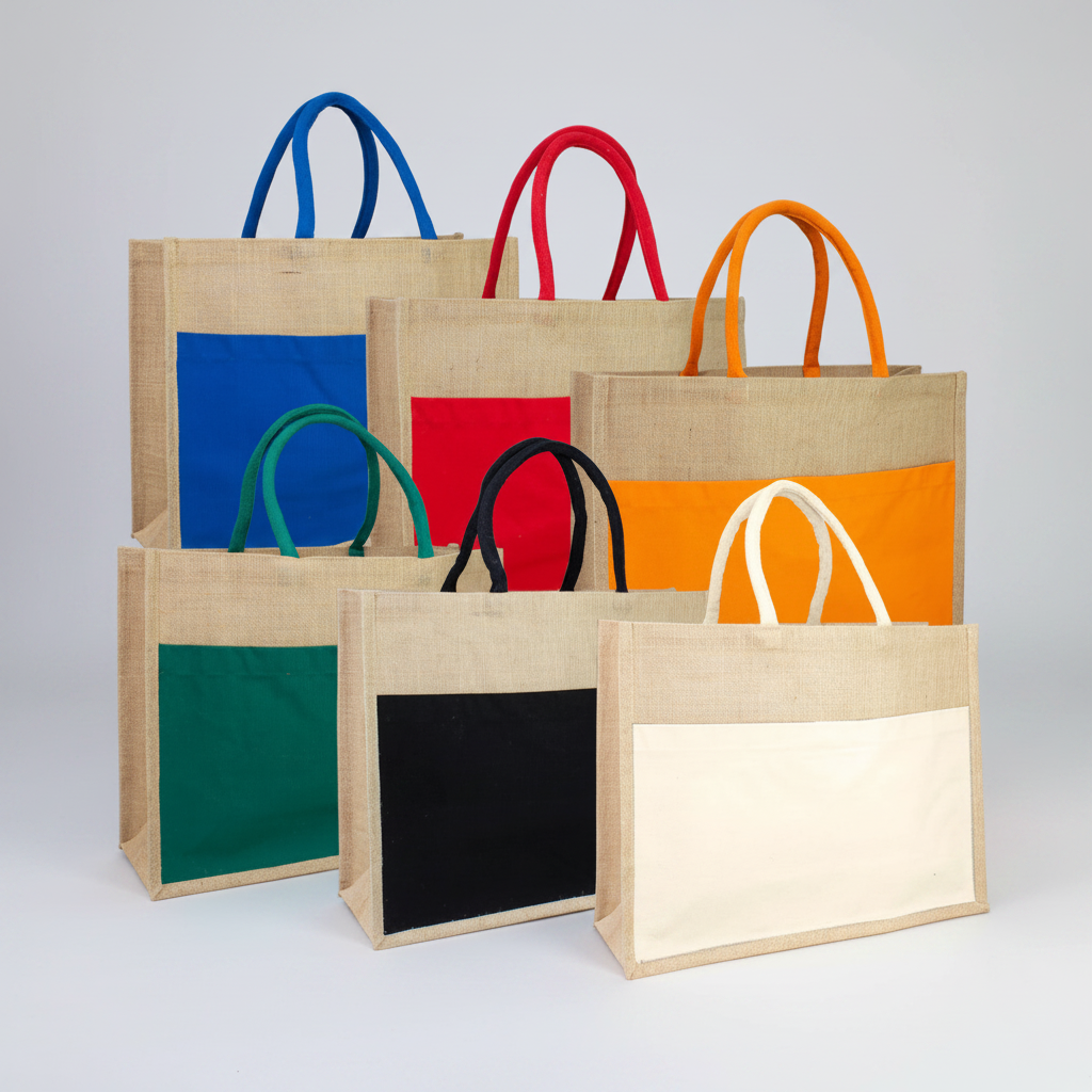 Bolso grande de yute natural con bolsillo frontal de algodón y asas reforzadas. Ideal para promociones, eventos y regalos corporativos personalizados con logo de la empresa.