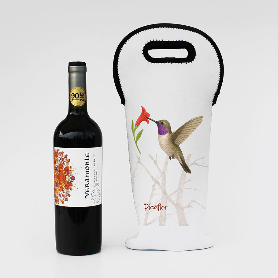 Vino Veramonte Reserva Orgánico 750cc más bolso porta-botella neopreno impreso con logo. Tarjeta personalizada con mensaje.