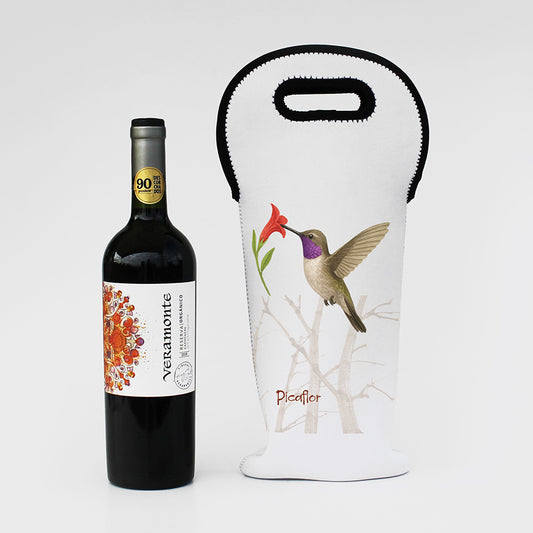 Vino Veramonte Reserva Orgánico 750cc más bolso porta-botella neopreno impreso con logo. Tarjeta personalizada con mensaje.
