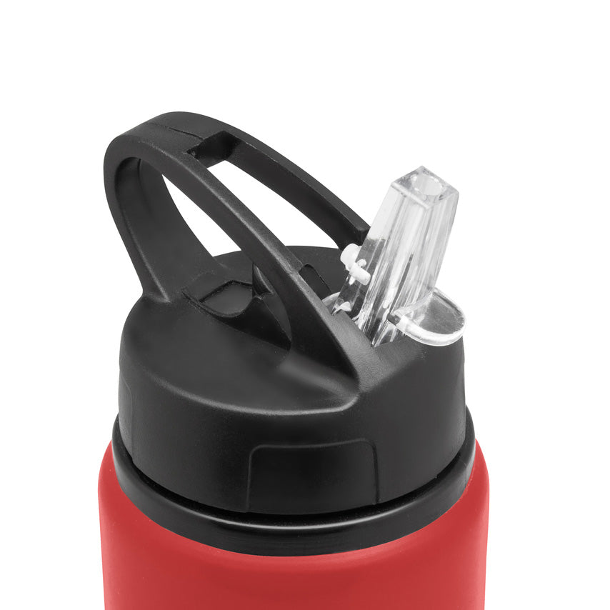 Botella de aluminio 800ml con manija, sorbete plástico y boquilla rebatible. Ideal para deportes y merchandising con logo grabado. Mínimo 100 unidades.