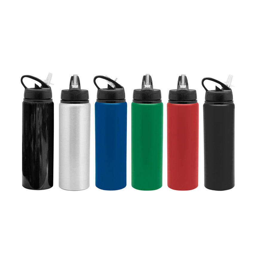 Botella de aluminio 800ml con manija, sorbete plástico y boquilla rebatible. Ideal para deportes y merchandising con logo grabado. Mínimo 100 unidades.
