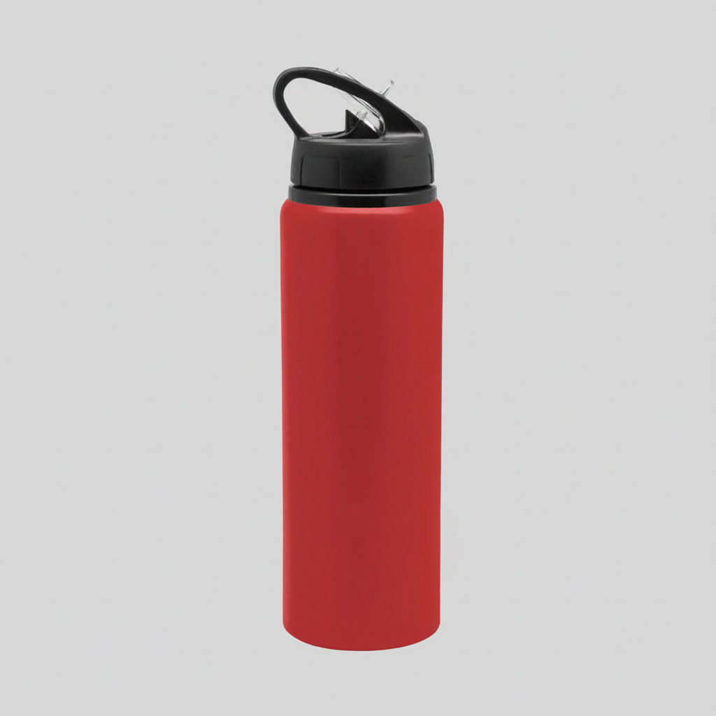 Botella de aluminio 800ml con manija, sorbete plástico y boquilla rebatible. Ideal para deportes y merchandising con logo grabado. Mínimo 100 unidades.