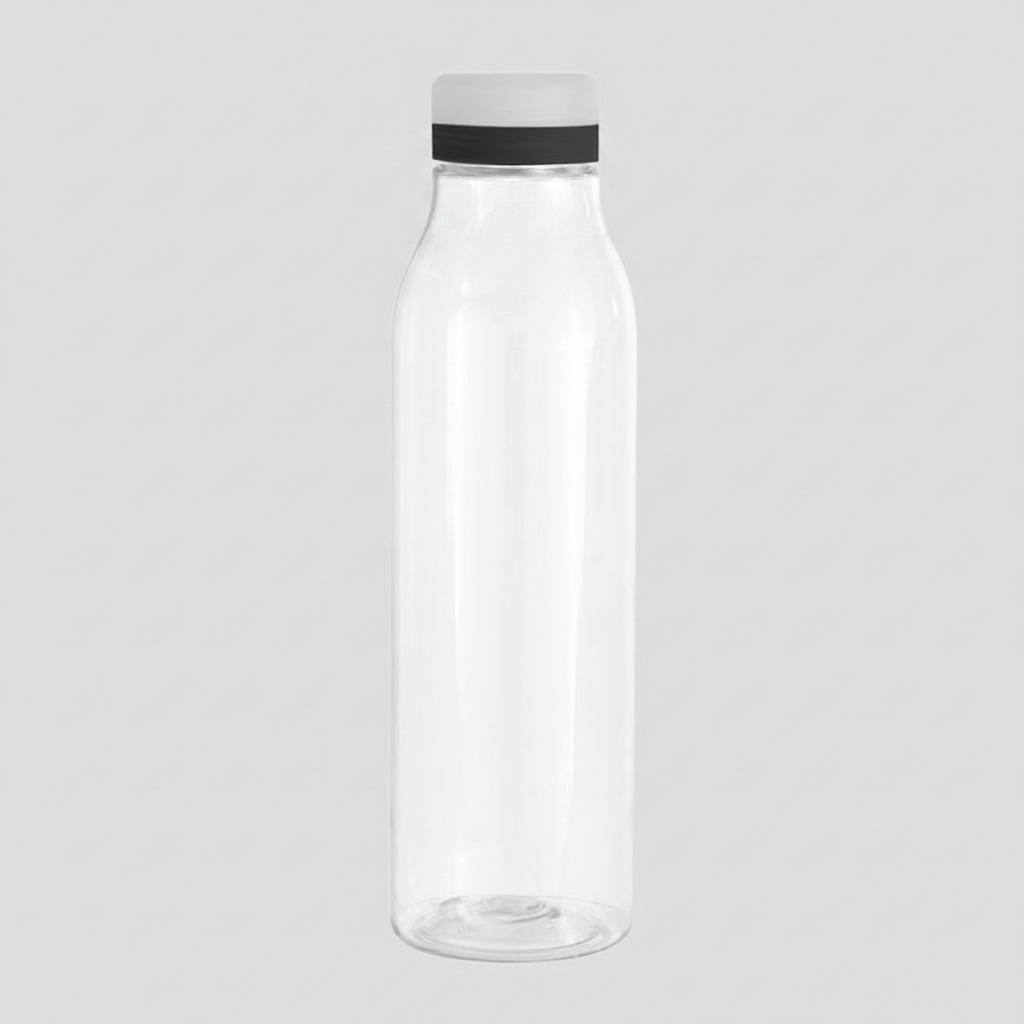 Personaliza tu botella plástica de 750ml con logo. Tapa esmerilada, anillo de silicona y diseño transparente. Mínimo 100 unidades. ¡El merchandising ideal para tu marca!