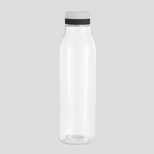 Personaliza tu botella plástica de 750ml con logo. Tapa esmerilada, anillo de silicona y diseño transparente. Mínimo 100 unidades. ¡El merchandising ideal para tu marca!