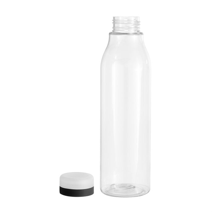 Personaliza tu botella plástica de 750ml con logo. Tapa esmerilada, anillo de silicona y diseño transparente. Mínimo 100 unidades. ¡El merchandising ideal para tu marca!