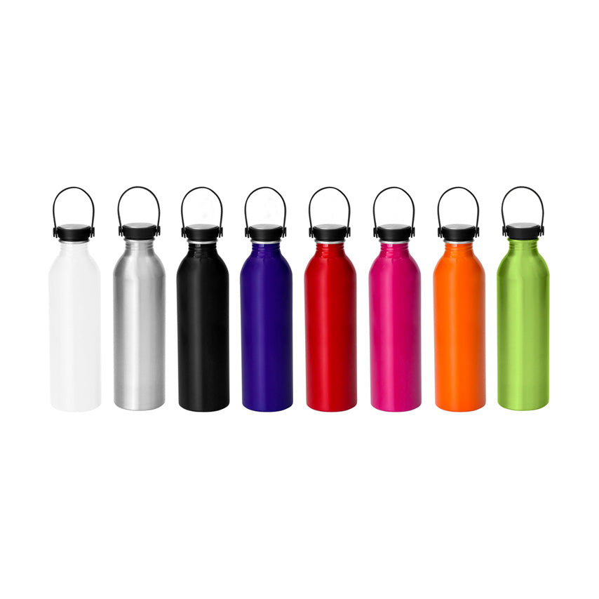 Botella de aluminio 640ml con acabado brillante y tapa de acero inoxidable. Ø6.5x23cm. Ideal para merchandising con logo impreso o grabado. Mínimo 100 unidades.