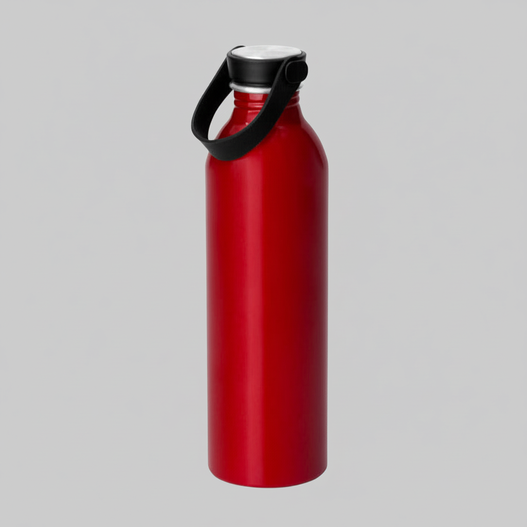 Botella de aluminio 640ml con acabado brillante y tapa de acero inoxidable. Ø6.5x23cm. Ideal para merchandising con logo impreso o grabado. Mínimo 100 unidades.