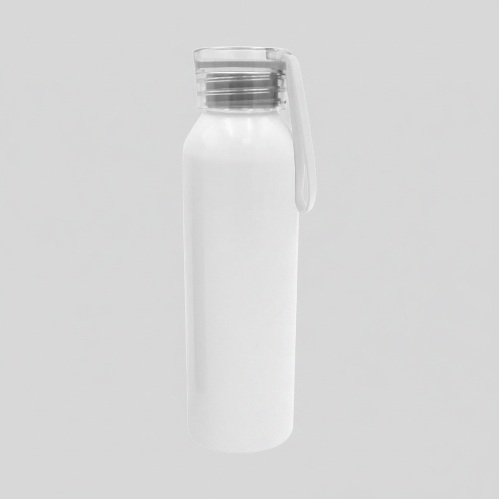 Botella de aluminio 600ml blanca para sublimación con tapa plástica. Impresión full color envolvente. Ideal para merchandising personalizado. Mínimo 100 unidades.