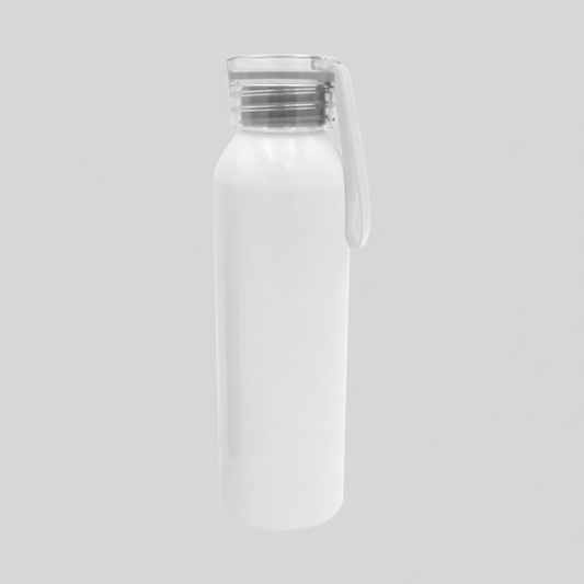 Botella de aluminio 600ml blanca para sublimación con tapa plástica. Impresión full color envolvente. Ideal para merchandising personalizado. Mínimo 100 unidades.