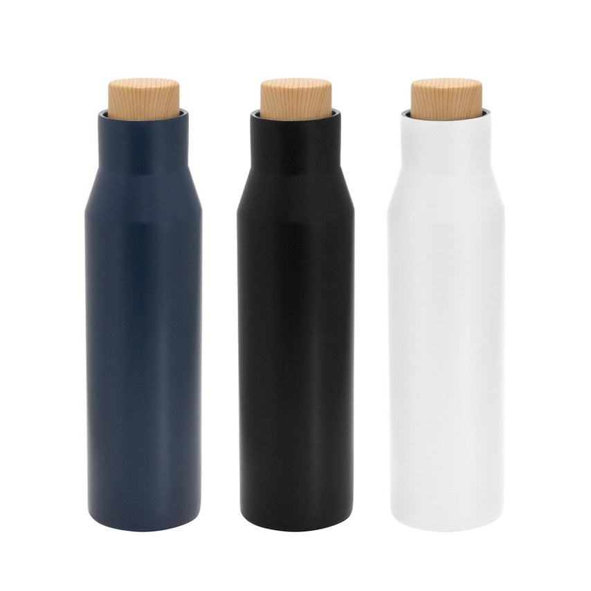 Botella térmica 500ml acero inoxidable mate con tapa imitación bambú. Mantiene 12hrs caliente, 24hrs frío. Logo impreso o grabado. Mínimo 100 unidades.