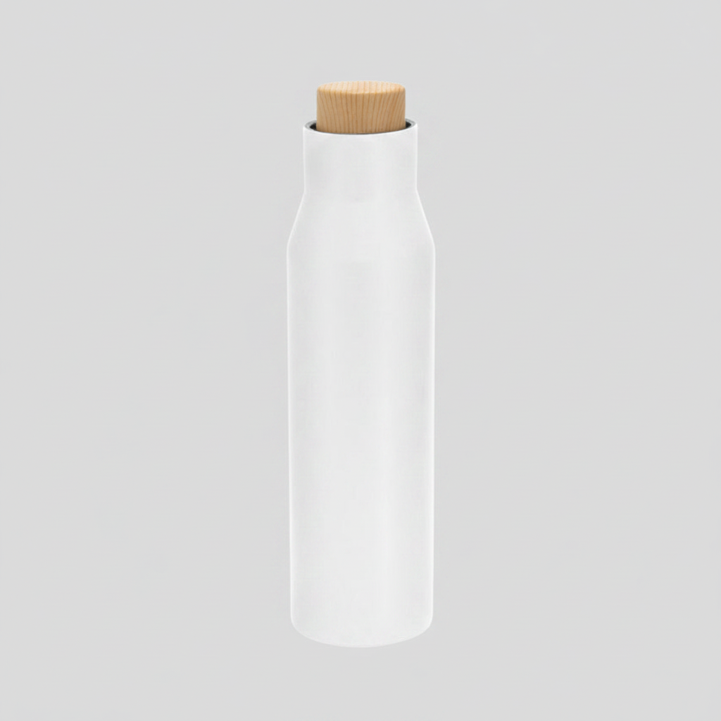 Botella térmica 500ml acero inoxidable mate con tapa imitación bambú. Mantiene 12hrs caliente, 24hrs frío. Logo impreso o grabado. Mínimo 100 unidades.