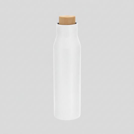 Botella térmica 500ml acero inoxidable mate con tapa imitación bambú. Mantiene 12hrs caliente, 24hrs frío. Logo impreso o grabado. Mínimo 100 unidades.