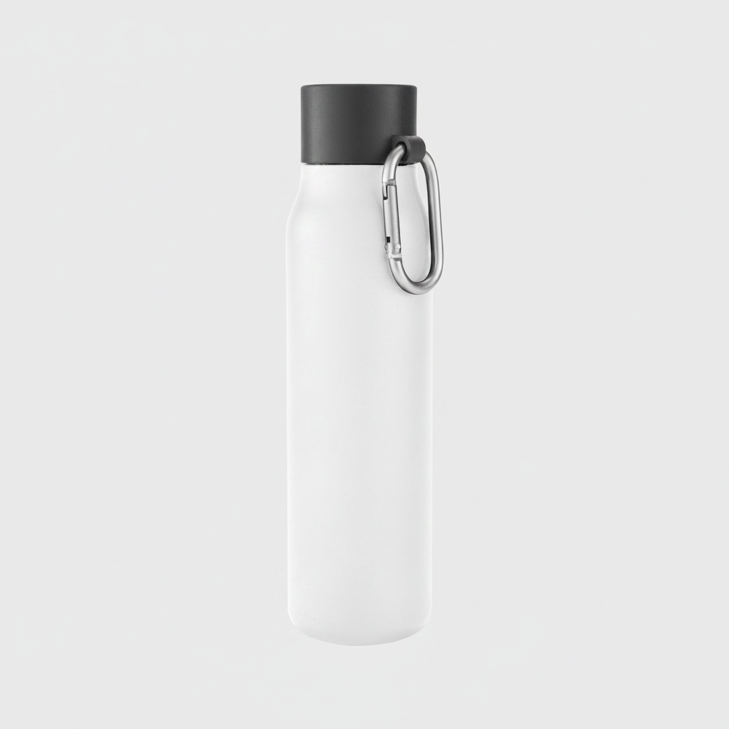 Botella de doble pared sellada al vacío de 550ml. Mantiene bebidas frías 24h y calientes 12h. Incluye mosquetón. ¡Personalízala con tu logo impreso o grabado!