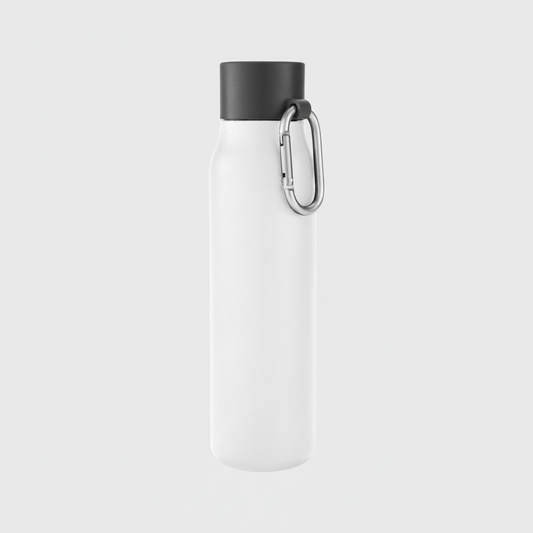 Botella de doble pared sellada al vacío de 550ml. Mantiene bebidas frías 24h y calientes 12h. Incluye mosquetón. ¡Personalízala con tu logo impreso o grabado!