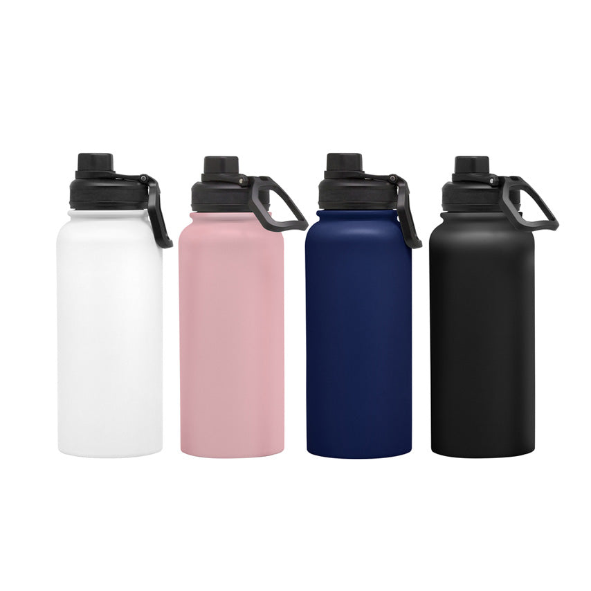 Botella deportiva térmica 1000ml acero inoxidable con boquilla antiderrame y manija. 12hrs caliente, 24hrs frío. Logo impreso o grabado. Mínimo 100 unidades.