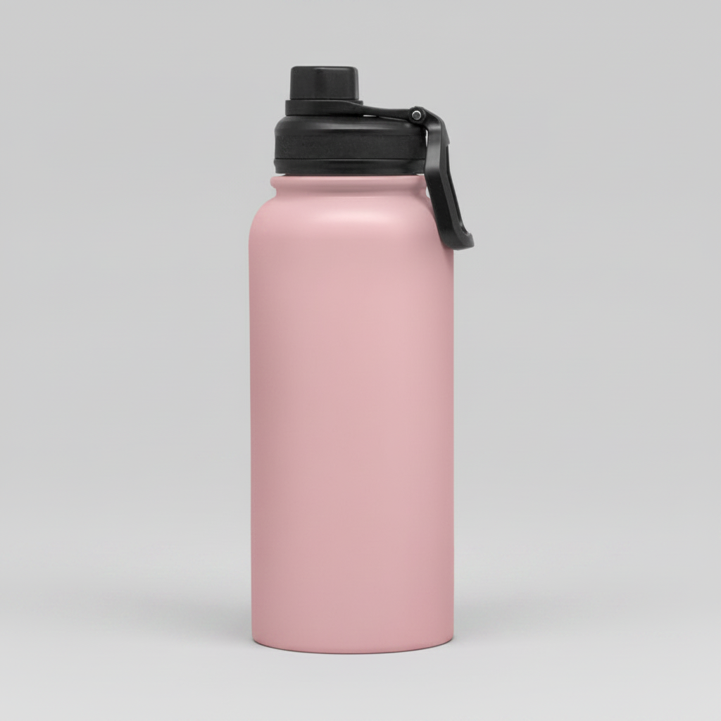 Botella deportiva térmica 1000ml acero inoxidable con boquilla antiderrame y manija. 12hrs caliente, 24hrs frío. Logo impreso o grabado. Mínimo 100 unidades.