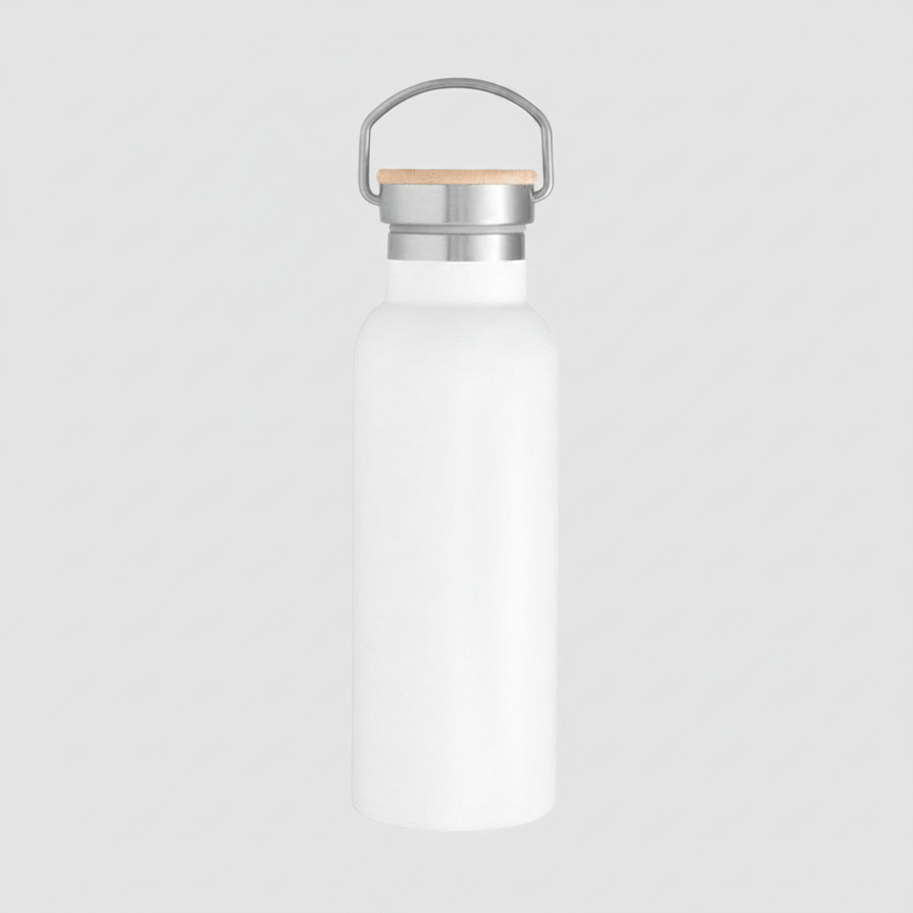 Botella térmica 550ml acero inoxidable con manija rebatible y detalles en bambú. 12hrs caliente, 24hrs frío. Logo impreso o grabado. Mínimo 100 unidades.