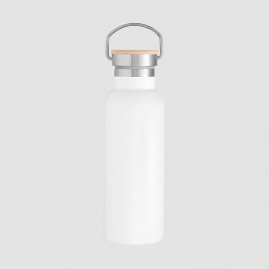 Botella térmica 550ml acero inoxidable con manija rebatible y detalles en bambú. 12hrs caliente, 24hrs frío. Logo impreso o grabado. Mínimo 100 unidades.