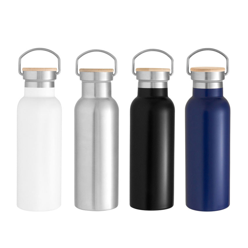 Botella térmica 550ml acero inoxidable con manija rebatible y detalles en bambú. 12hrs caliente, 24hrs frío. Logo impreso o grabado. Mínimo 100 unidades.