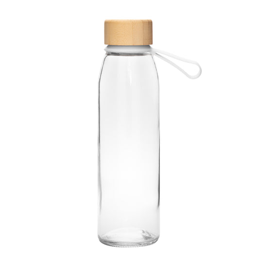 Eleva tu imagen corporativa con botellas de vidrio y tapa de bambú personalizadas. Diseño elegante de 700 ml, cierre hermético y correa de color para transportar. Con logo impreso. El regalo sustentable ideal para tus clientes. ¡Cotiza con nosotros!