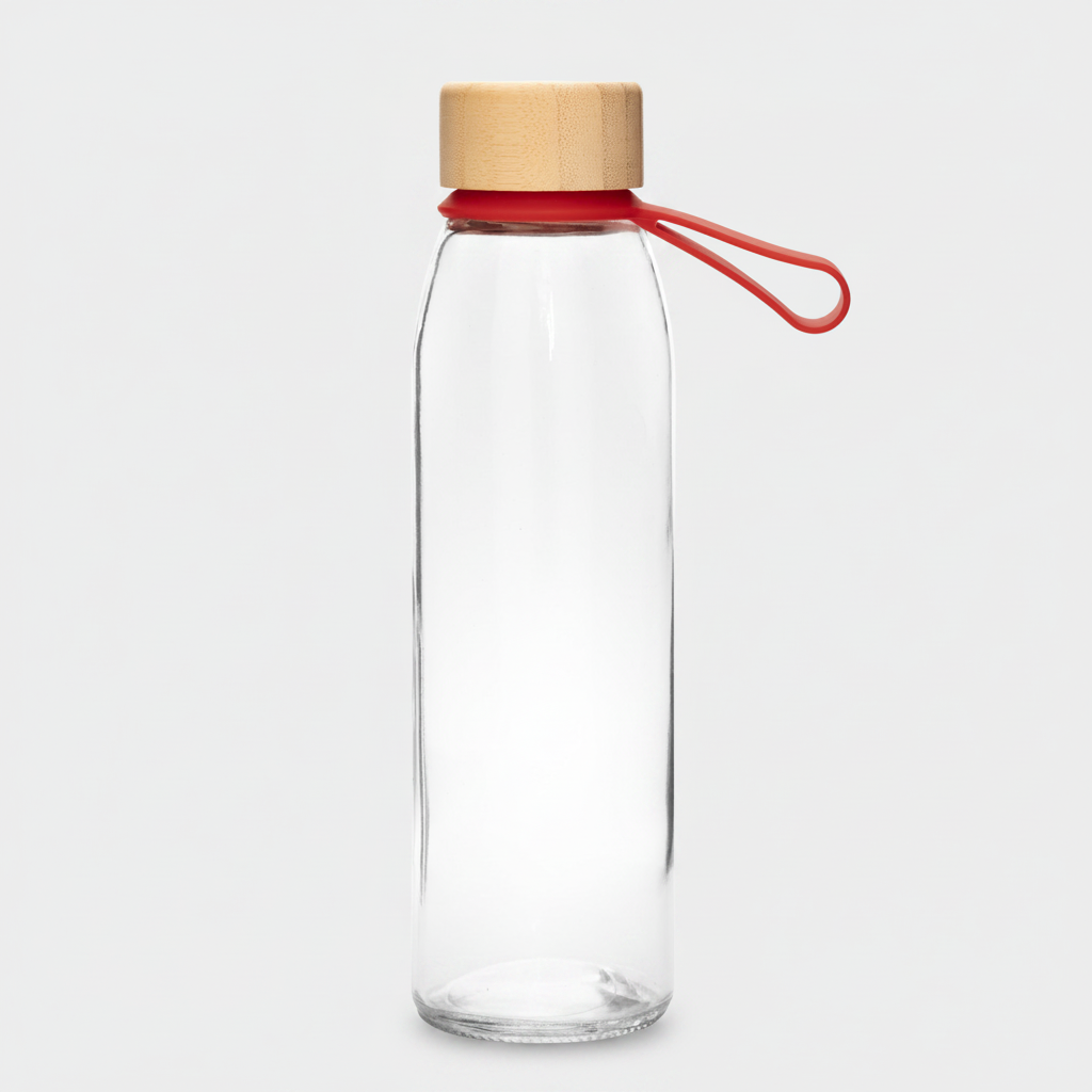 Eleva tu imagen corporativa con botellas de vidrio y tapa de bambú personalizadas. Diseño elegante de 700 ml, cierre hermético y correa de color para transportar. Con logo impreso. El regalo sustentable ideal para tus clientes. ¡Cotiza con nosotros!
