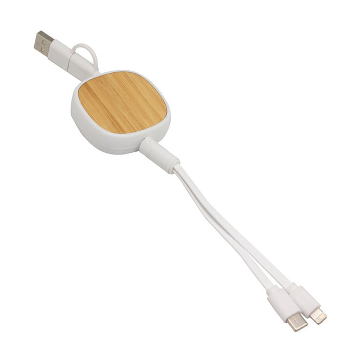 Cable de carga retráctil de hasta 85 cm con detalle de bambú y conectores Lightning, USB-C y USB. Personalizable con logo grabado. Ideal para regalos corporativos.
