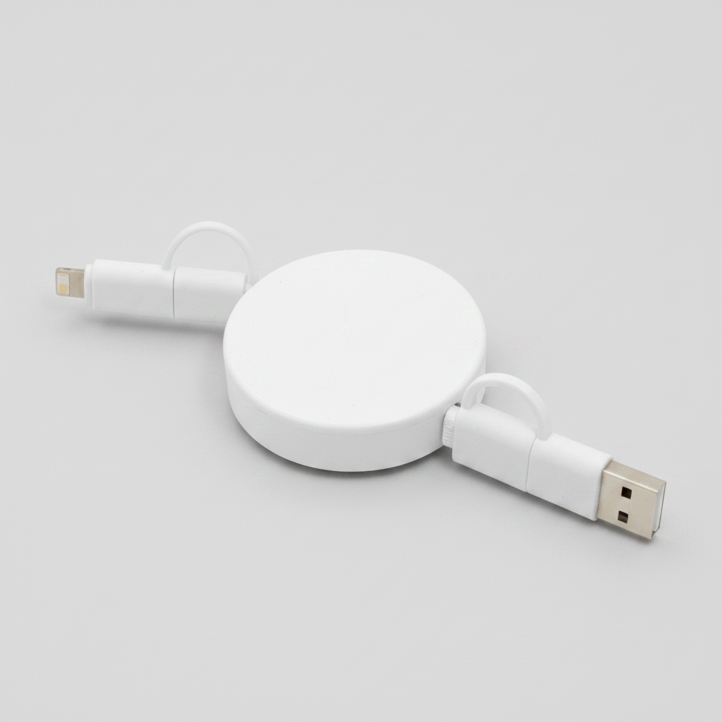 El cable definitivo para tu equipo. Carga rápida de 65W y transferencia de datos con conectores USB, USB-C y Lightning. Diseño retráctil de 90cm para evitar cables sueltos, con un acabado mate premium que resiste el uso diario.
El regalo corporativo más útil de 2026.