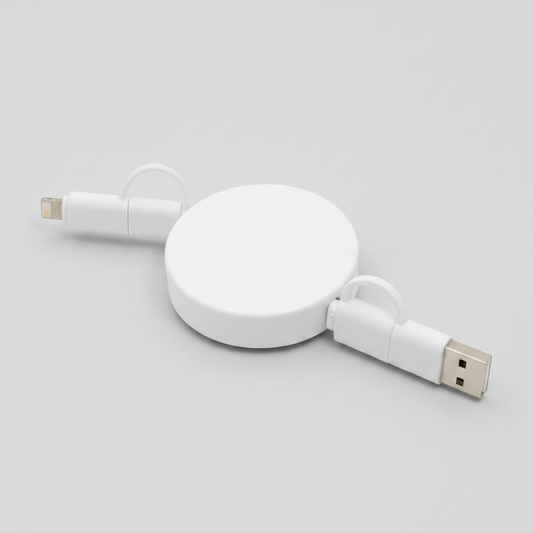 El cable definitivo para tu equipo. Carga rápida de 65W y transferencia de datos con conectores USB, USB-C y Lightning. Diseño retráctil de 90cm para evitar cables sueltos, con un acabado mate premium que resiste el uso diario.
El regalo corporativo más útil de 2026.