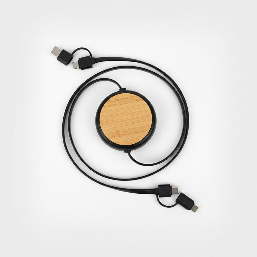 Multicargador retráctil 4 en 1 fabricado en ABS con cubierta de bambú. Incluye conectores USB, USB-C, Micro USB y Lightning. Compacto, práctico y personalizable con logo. Ideal para merchandising tecnológico y regalos corporativos. Disponible en negro y blanco.