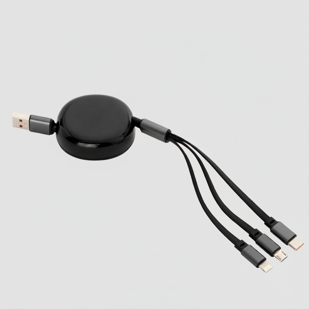 Optimiza el espacio de trabajo con nuestro cable retráctil 3-en-1. Longitud extendida de 115 cm para mayor movilidad. Conectividad total en un solo accesorio elegante y funcional. Calidad garantizada. Diseño compacto, retráctil y listo para personalizar. ¡Cotiza por volumen!