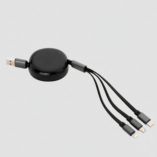 Optimiza el espacio de trabajo con nuestro cable retráctil 3-en-1. Longitud extendida de 115 cm para mayor movilidad. Conectividad total en un solo accesorio elegante y funcional. Calidad garantizada. Diseño compacto, retráctil y listo para personalizar. ¡Cotiza por volumen!