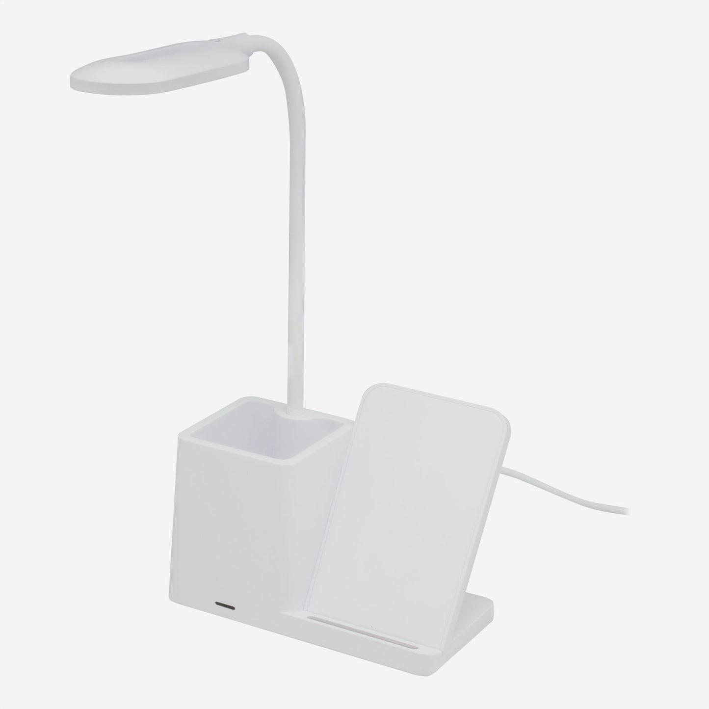 Lámpara de escritorio con cargador inalámbrico Qi 15W, 3 modos de luz y portabolígrafos. Cuello flexible, USB-C. Personalizable. Regalo corporativo. Mín. 50 uds.
