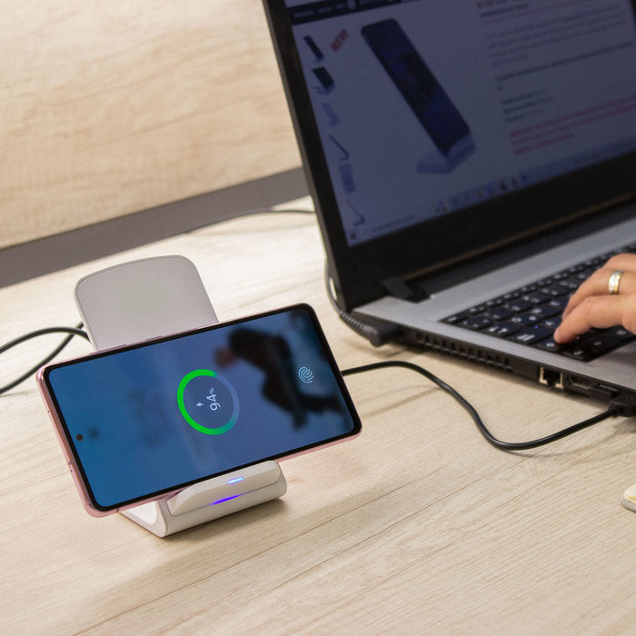 Cargador inalámbrico Qi 10W compatible con carga horizontal y vertical. Cable USB 60cm incluido. Personalizable. Regalo corporativo. Pedido mínimo 50 unidades.