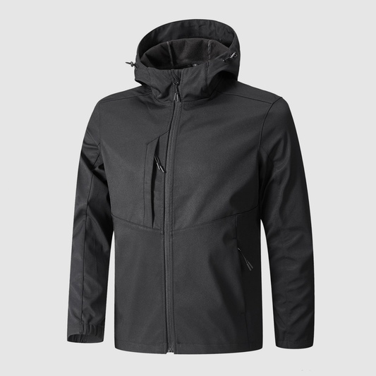 Chaqueta softshell corporativa con gorro.  térmica y repelente al agua. Ideal para uso en la nieve o zonas de temperatura baja.