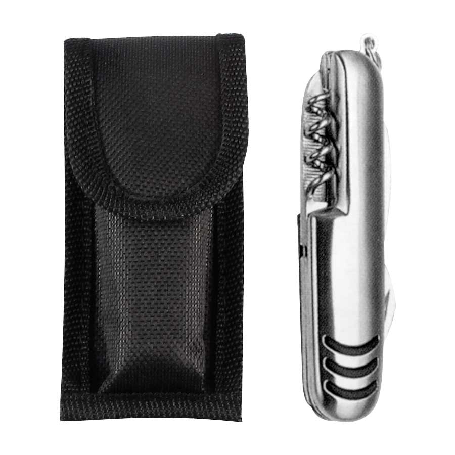 Cortaplumas multifunción de acero inoxidable con 10 funciones. Incluye funda de tela negra, caja de regalo y presentación especial. Personalizable con logo corporativo.