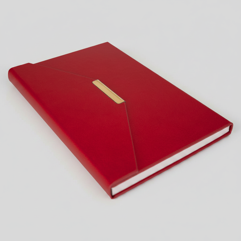 Cuaderno A5 modelo Envelope con tapa dura forrada en PU eco cuero, 80 hojas lineadas y cierre magnético metálico. Disponible en varios colores con logo impreso o grabado.
