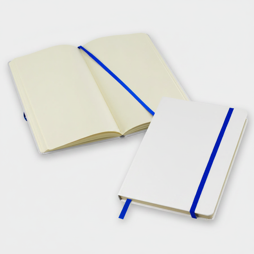 Cuaderno A5 modelo Whiteskine con tapa forrada, 80 hojas amarillas lisas, banda elástica y cinta separadora. Disponible en varios colores y personalizable con logo.