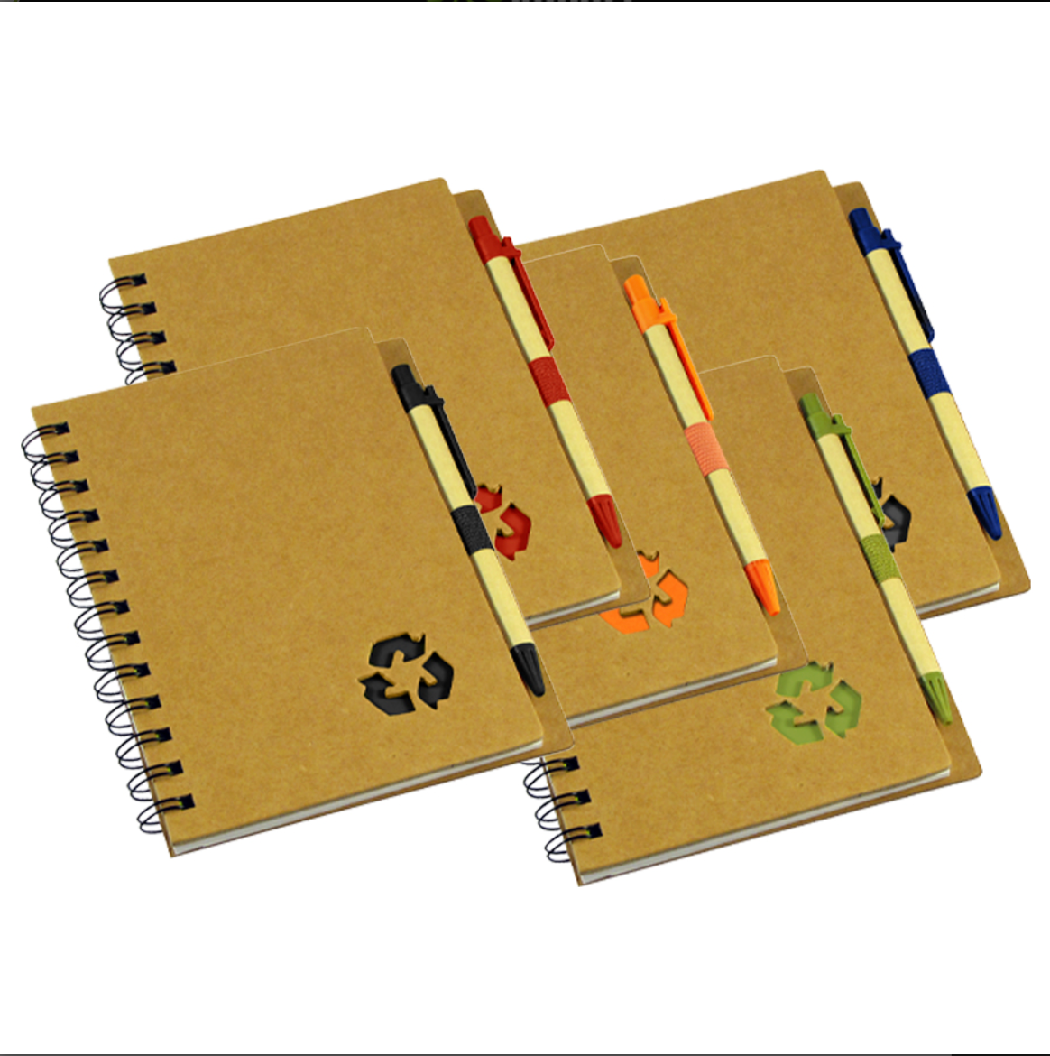 Cuaderno ecológico 70 hojas lineadas con tapa de cartón reciclado, anillado metálico y bolígrafo eco. Ideal para merchandising. Mínimo 100 unidades.